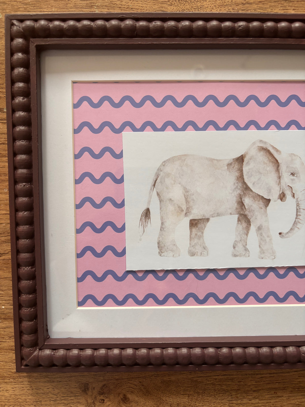 Pink & Blue Wiggle Elephant – Burgundy Bobbin Frame