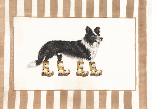 Border Collie in sheep print wellies country animal art print with brown striped border