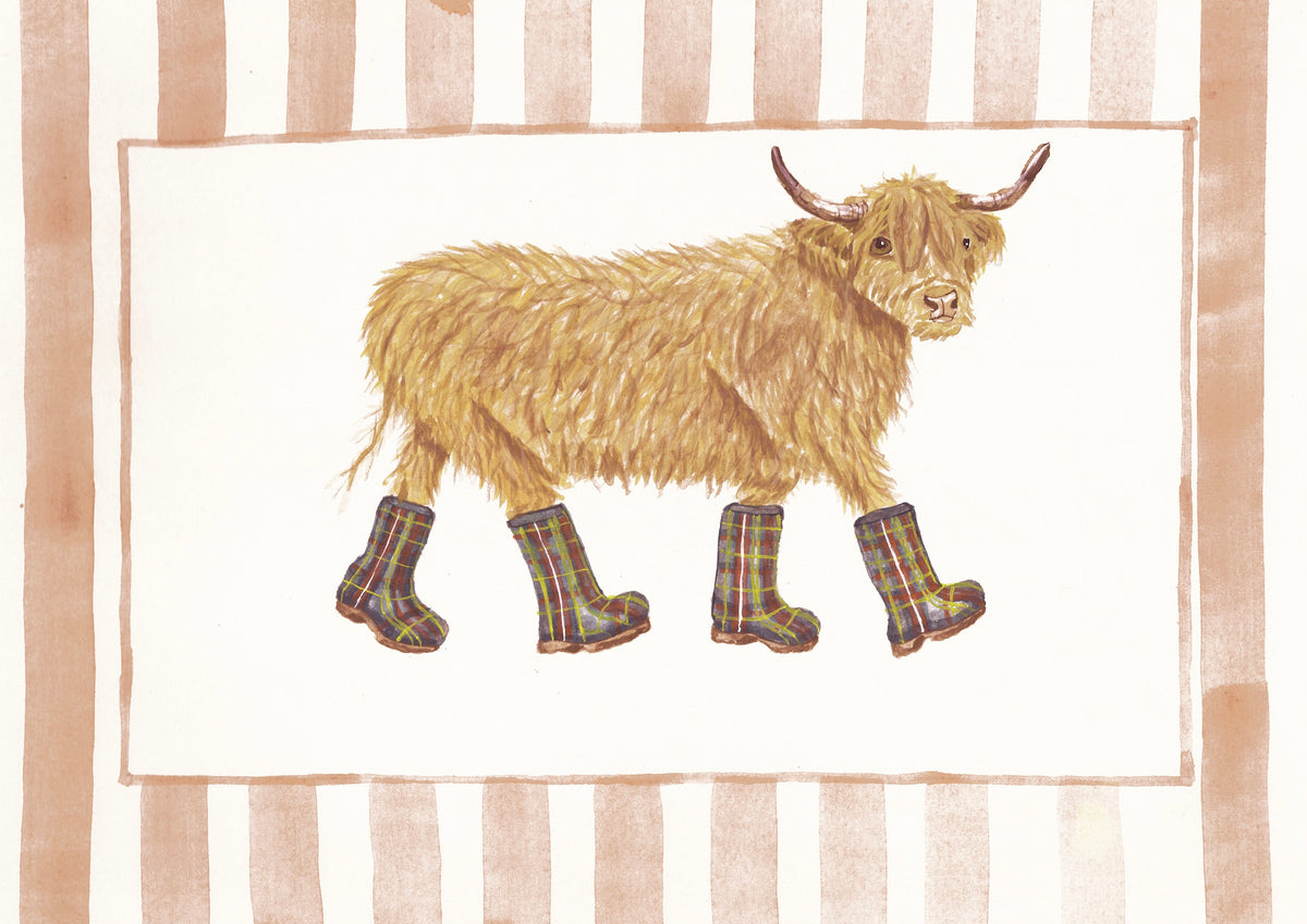 A whimsical illustration of a shaggy Highland cow wearing tartan plaid rain boots, centered on a cream background with a striped border.