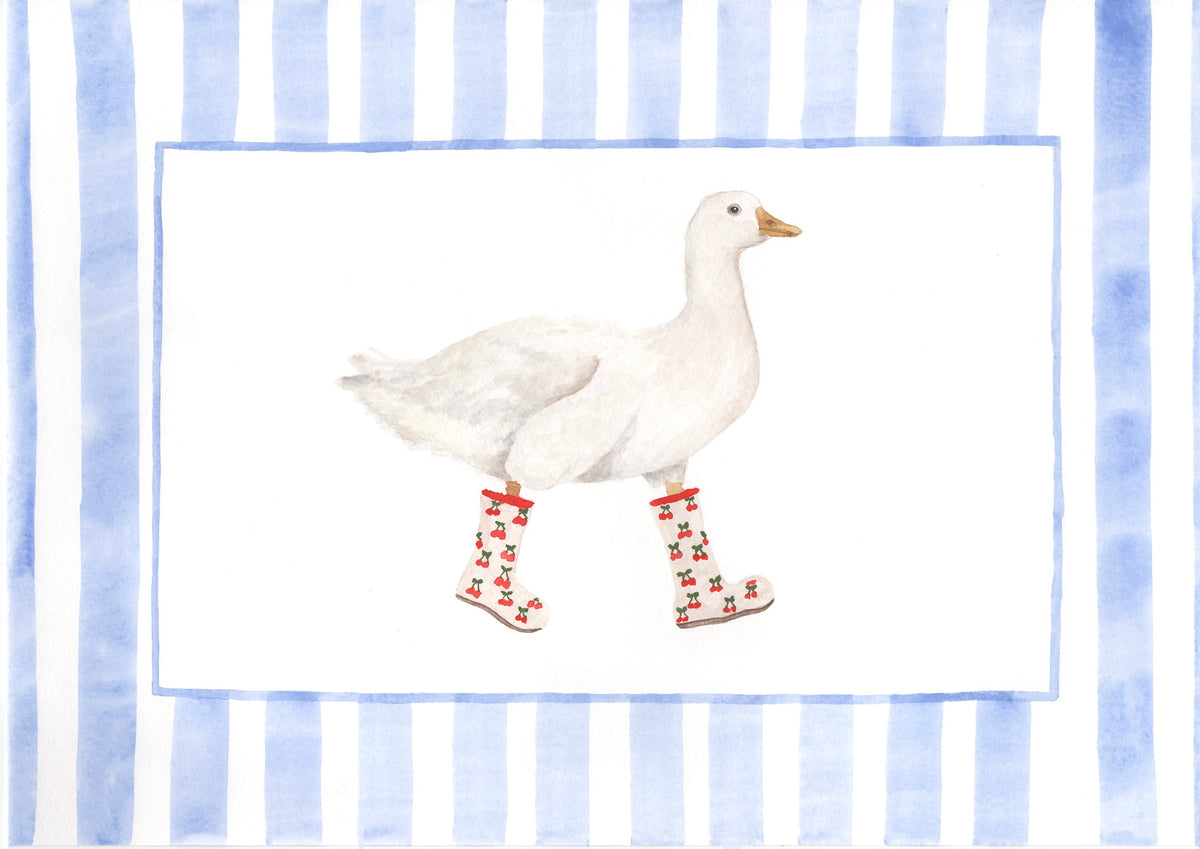 A watercolor-style illustration of a white goose wearing cherry patterned rain boots, centered on a white pane with a blue border, set against a blue-and-white striped background.