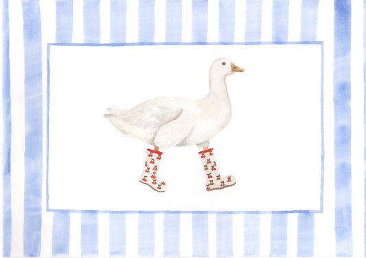 A watercolor-style illustration of a white goose wearing cherry patterned rain boots, centered on a white pane with a blue border, set against a blue-and-white striped background.