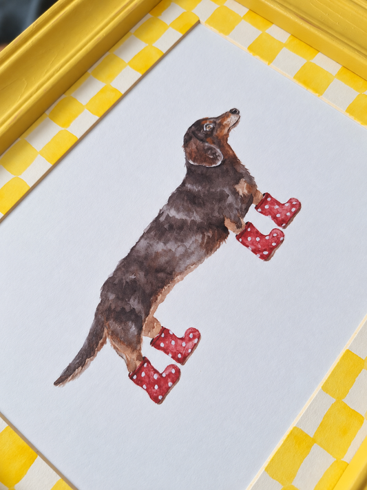 Dachshund in Wellies – One-of-a-Kind Hand-Finished Framed Print
