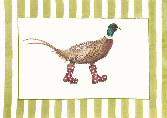 Pheasant in red polka dot wellies country animal art print with green striped border