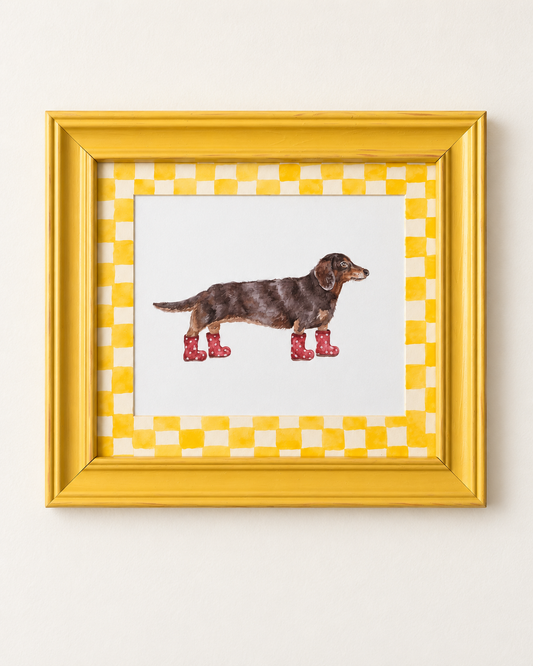 Dachshund in Wellies – One-of-a-Kind Hand-Finished Framed Print
