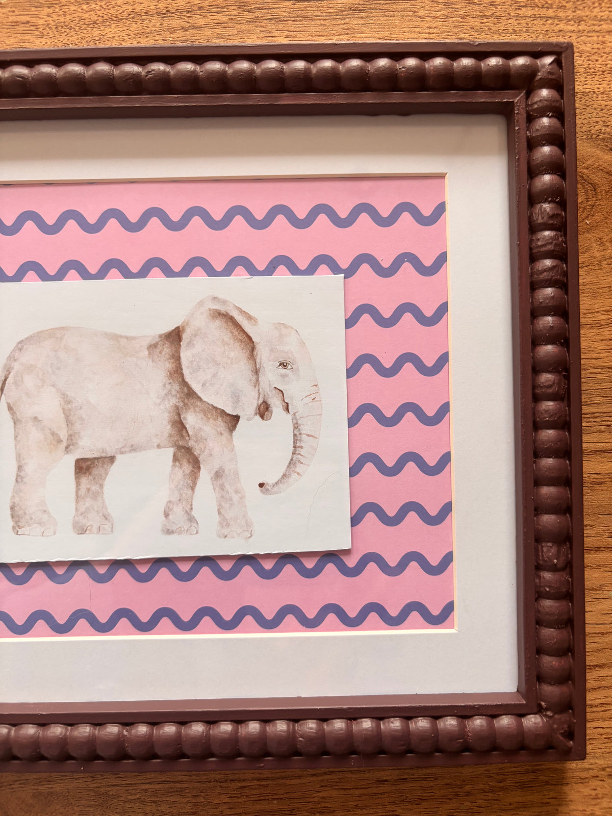 Pink & Blue Wiggle Elephant – Burgundy Bobbin Frame