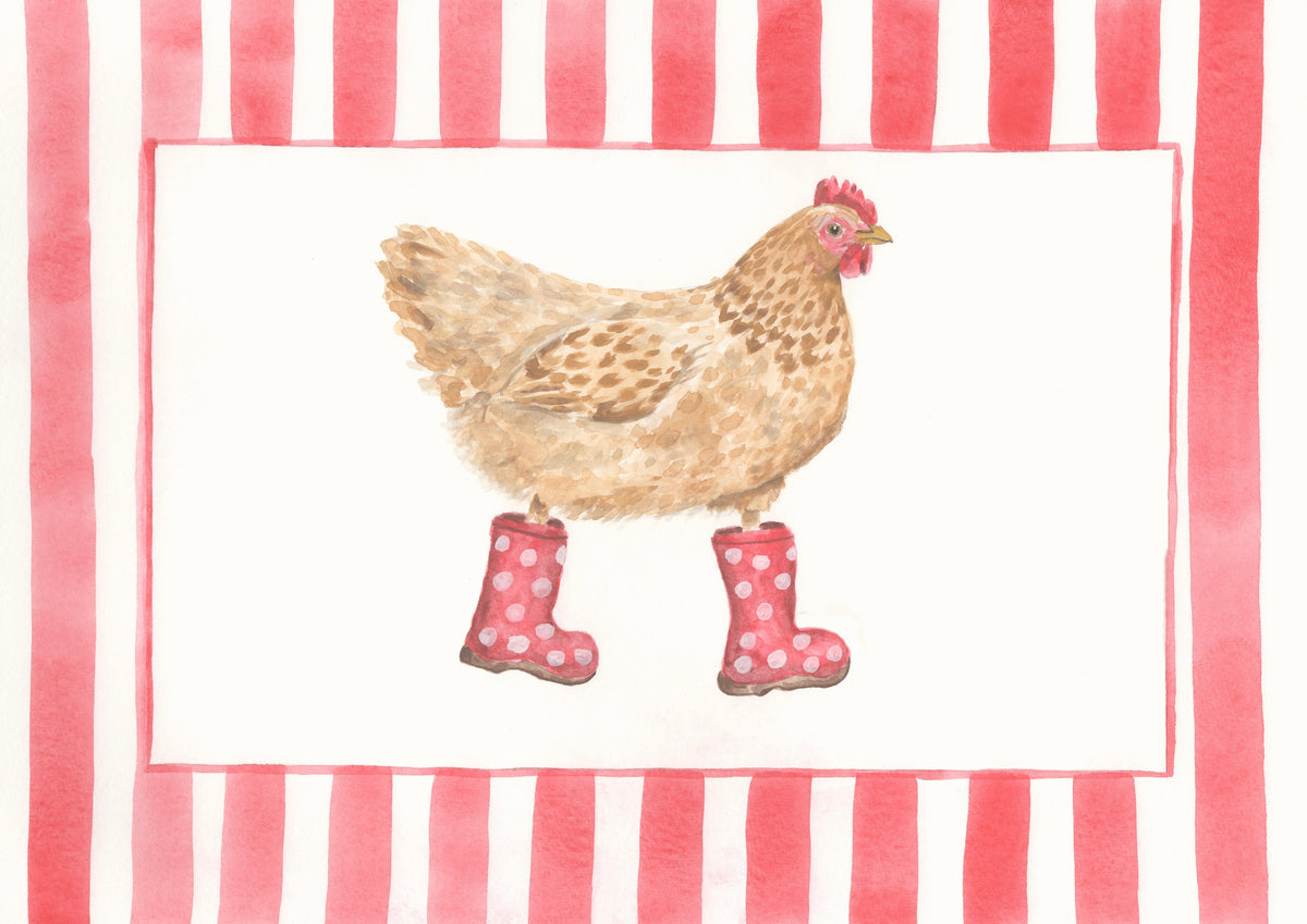 A watercolor-style illustration of a brown chicken wearing red polka-dot rain boots, centered inside a red-and-white striped border on a white background.