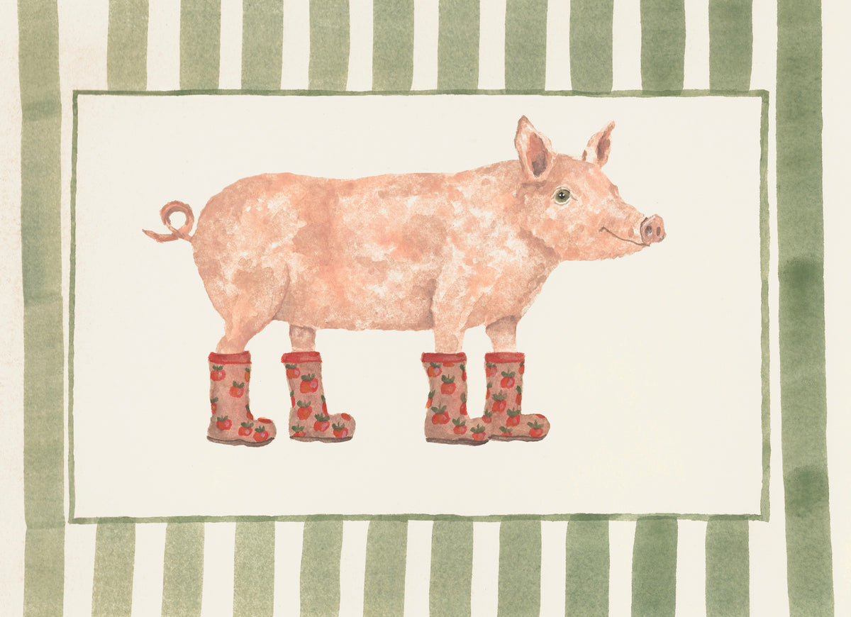 A art print featuring a watercolor-style pink pig wearing red tomato-patterned rain boots, centered within a green and white striped border.