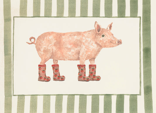 A art print featuring a watercolor-style pink pig wearing red tomato-patterned rain boots, centered within a green and white striped border.