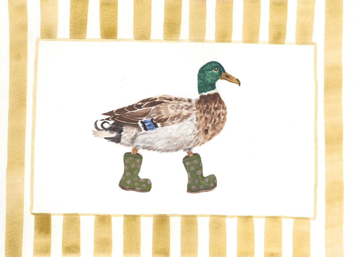 A watercolor-style illustration of a mallard duck wearing green polka-dot rain boots, centered with a yellow striped border.