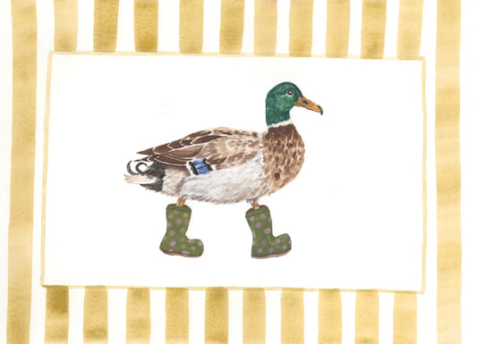 A watercolor-style illustration of a mallard duck wearing green polka-dot rain boots, centered with a yellow striped border.